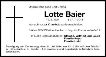 Traueranzeige von Lotte Baier von Pegnitz-Zeitung